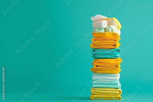 A stack of diapers and wipes in a minimalist style, captured from a high angle with a centered composition and a tilt-shift effect, illuminated by natural light, featuring a complementary colors
