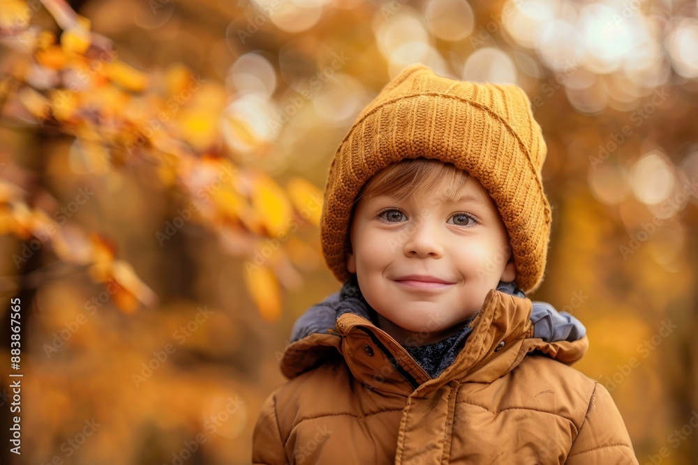 Autumn mood - Little happy child boy with a smile on fall nature background, Hello autumn, Stylish children kid Autumn mood - Little happy child boy with a smile on fall nature background, Hello autumn, Stylish children kid