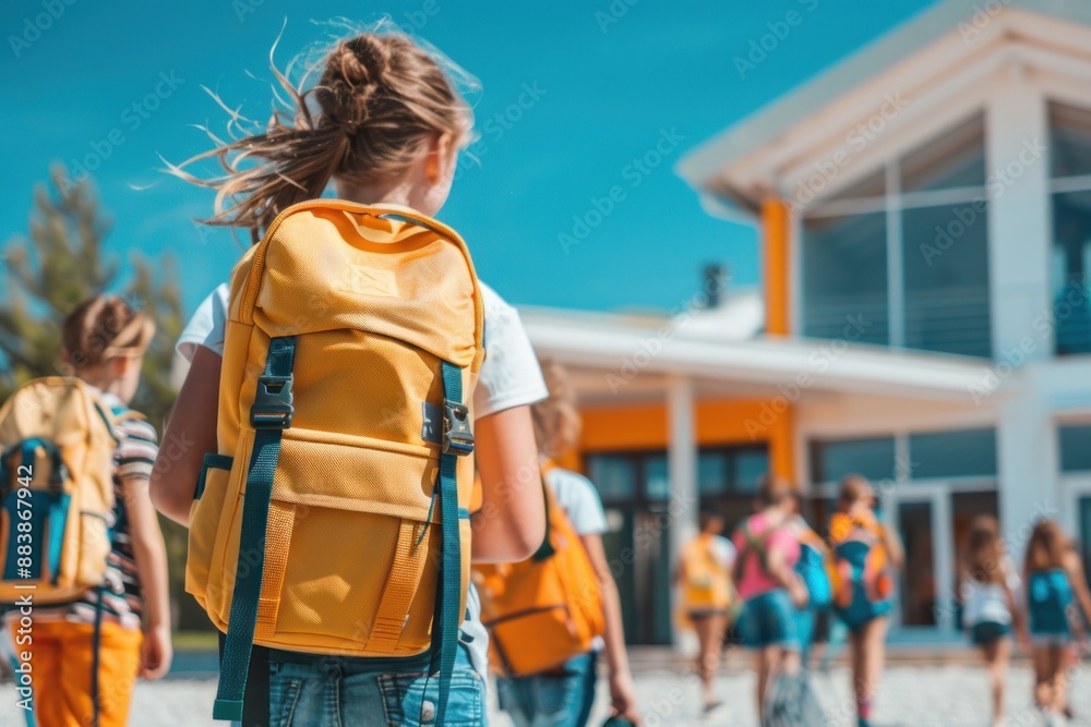 back view Elementary school students with backpacks atanding in front of their new school