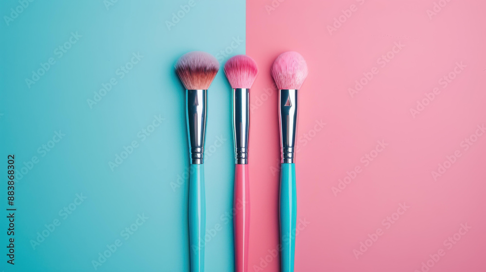 Stylish flat lay of makeup brushes on colorful backdrop. Professional tools for beauty enthusiasts. Stylish flat lay of makeup brushes on colorful backdrop. Professional tools for beauty enthusiasts.