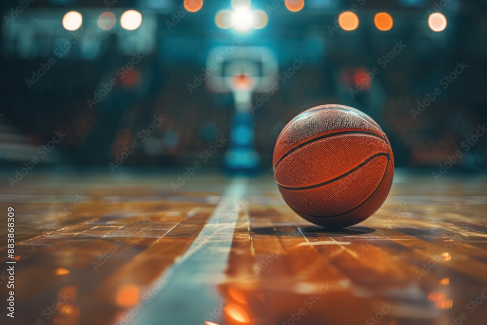 Basketball game sport arena stadium court on spotlight with basket ball on floor. Motivation sport lifestyle background Basketball game sport arena stadium court on spotlight with basket ball on floor. Motivation sport lifestyle background