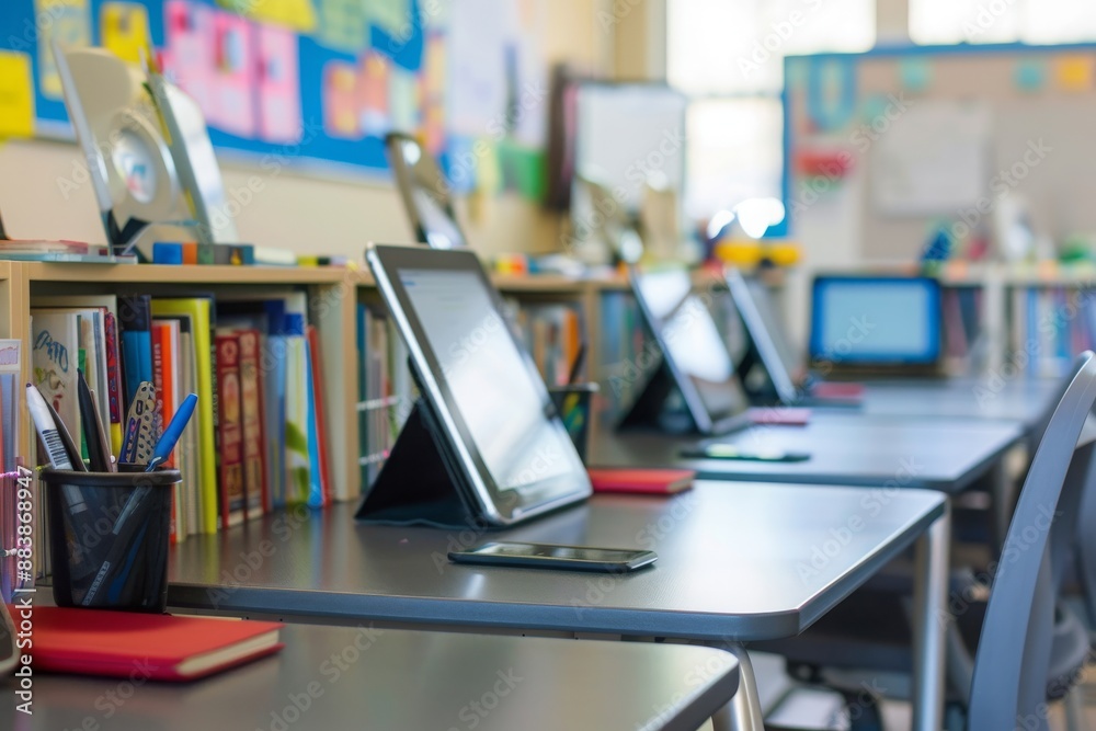 Classroom Desk with Tablet and Supplies Classroom Desk with Tablet and Supplies