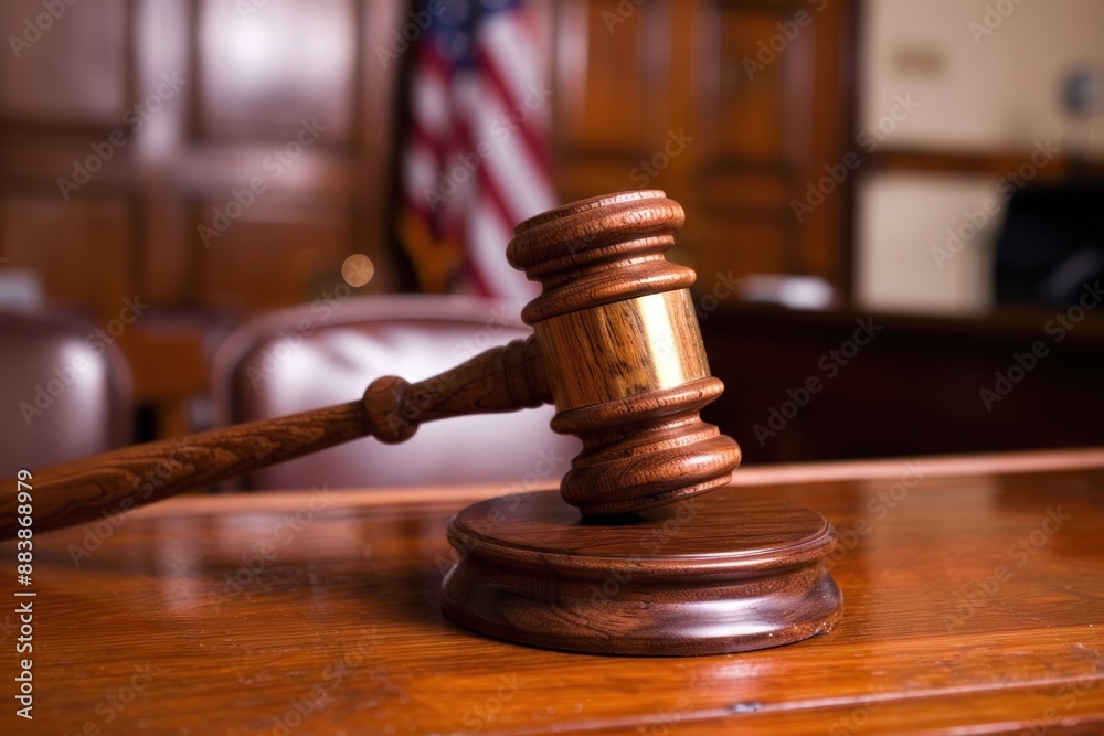 A wooden gavel illustrating justice in a photo in a courtroom A wooden gavel illustrating justice in a photo in a courtroom