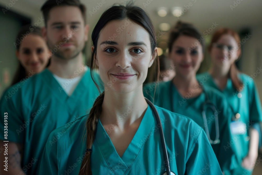 a young nursing student standing proudly with her medical team in a hospital setting, all dressed in scrubs. This image captures the dedication and teamwork of healthcare professionals a young nursing student standing proudly with her medical team in a hospital setting, all dressed in scrubs. This image captures the dedication and teamwork of healthcare professionals