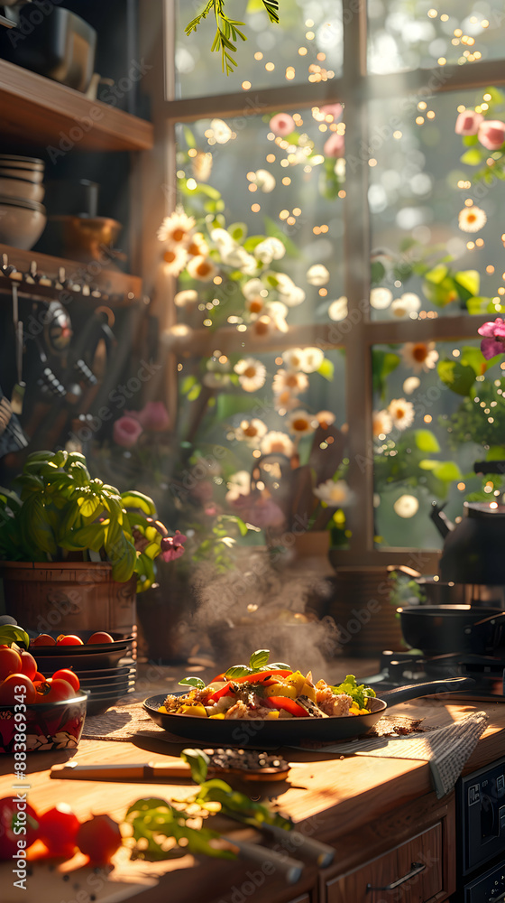 Fototapeta premium Sanitized Cooking Area with ISO Certification and Badge on Whimsical Background for Cleanliness Stock Photo Concept