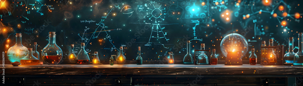 Fantasy Science Teacher in Lab with Chalkboard, Lab Equipment Wide Shot with Glowing Elements, Magical Decor Back to School Theme, Photo Stock Concept Fantasy Science Teacher in Lab with Chalkboard, Lab Equipment Wide Shot with Glowing Elements, Magical Decor Back to School Theme, Photo Stock Concept