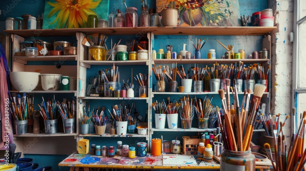 Fototapeta premium Art studio with shelves filled with brushes, paints, and art supplies.