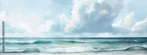 Calm beach watercolor painting capturing serene seaside waves.
