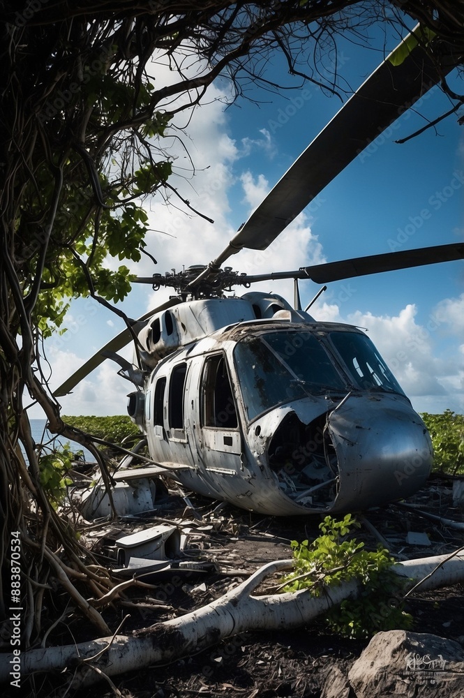 A dramatically crashed helicopter on a remote i... A dramatically crashed helicopter on a remote i...