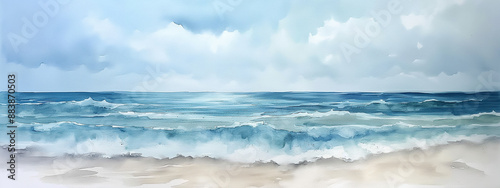 Calm beach watercolor painting capturing serene seaside waves.
