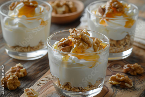 Yogurt parfait with walnuts, honey and granola.