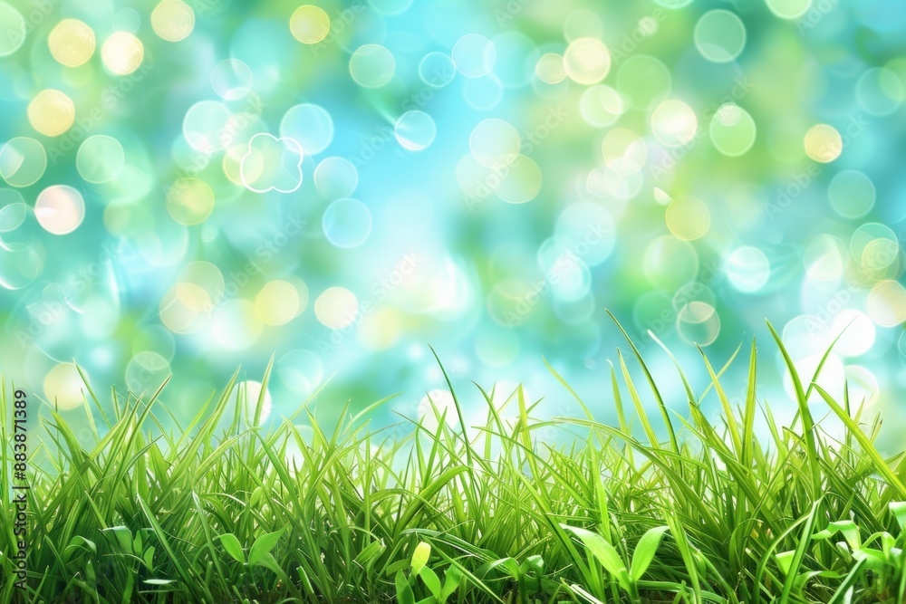 Fototapeta premium Abstract landscape with green grass and a blue sky, Spring or summer abstract nature background with grass