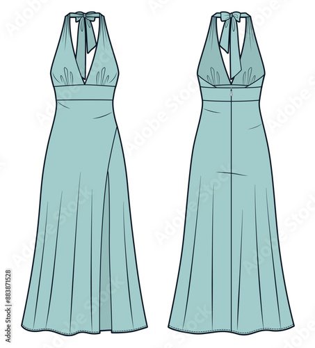 Halter Neck Dress technical fashion illustration. Maxi Dress fashion flat technical drawing template, front slit, back zipper, draped, front and back view, green, women Dresss CAD mockup.