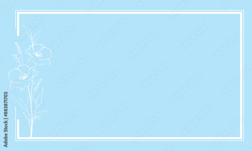 Decorative square frame of white outline flowers and leaves on blue background for decoration, invitation or wedding, poster, lettering, advertising, flower shop Decorative square frame of white outline flowers and leaves on blue background for decoration, invitation or wedding, poster, lettering, advertising, flower shop