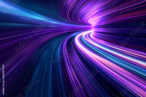 Neon glowing circle lines making a tunnel with vanishing point. Color lights abstract motion. Speed effect. Colorful wave spiral curve. Black background. Chaos wavy texture. Parallel pattern.