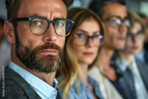 a of a diverse group of businesspeople, some wearing eyeglasses, participating in a team-building exercise in the office