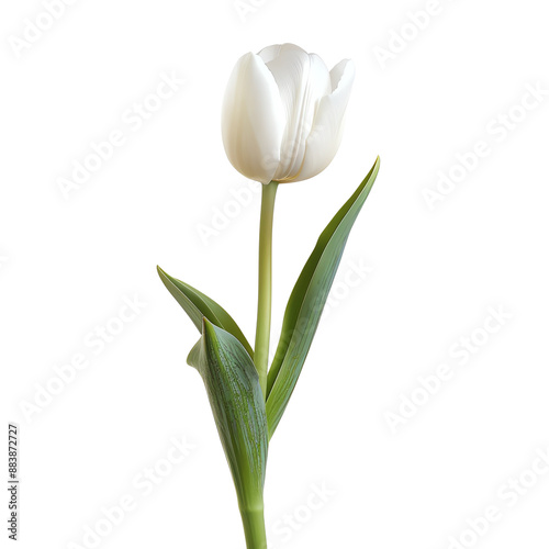 A close-up image of a single white tulip flower with green leaves, isolated against a white background. Perfect for spring-themed projects.