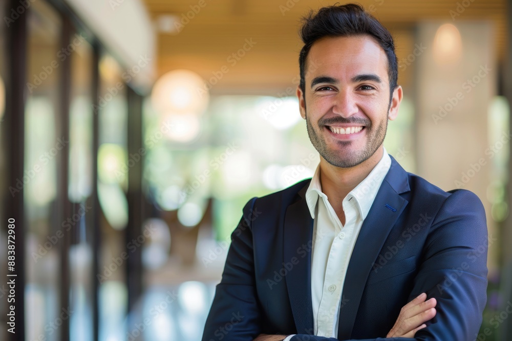 A smiling businessman with an office bright background