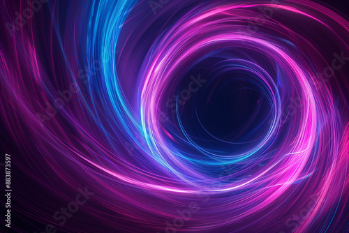 Neon glowing circle lines making a tunnel with vanishing point. Color lights abstract motion. Speed effect. Colorful wave spiral curve. Black background. Chaos wavy texture. Parallel pattern.