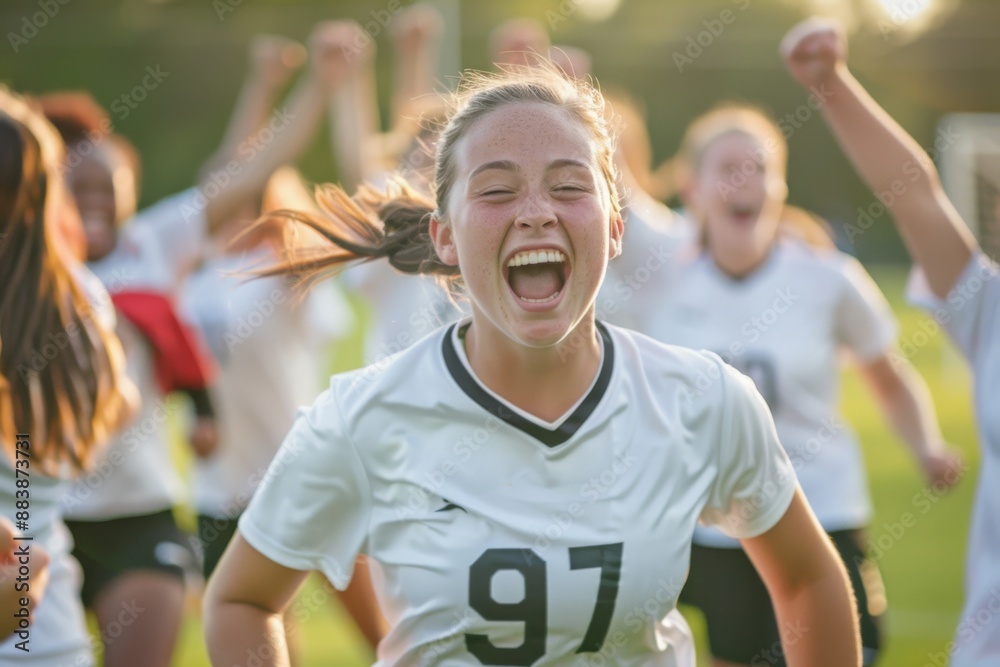 Obraz premium A young woman soccer player runs with arms raised, celebrating a goal scored, while teammates cheer and run around her on a green grass field