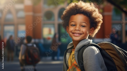 first day at school, Smiling African American Male Elementary School Pupil Outdoors With a Backpack, with a school background. Back to school. The new academic semester year starts.