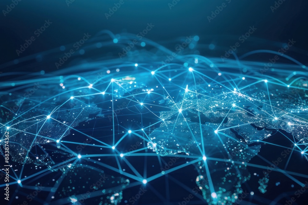 Obraz premium A blue and white image of the world with many lines connecting it