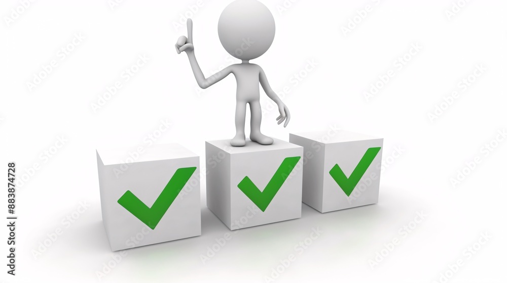 a white character standing on cubes with green tick marks a white character standing on cubes with green tick marks