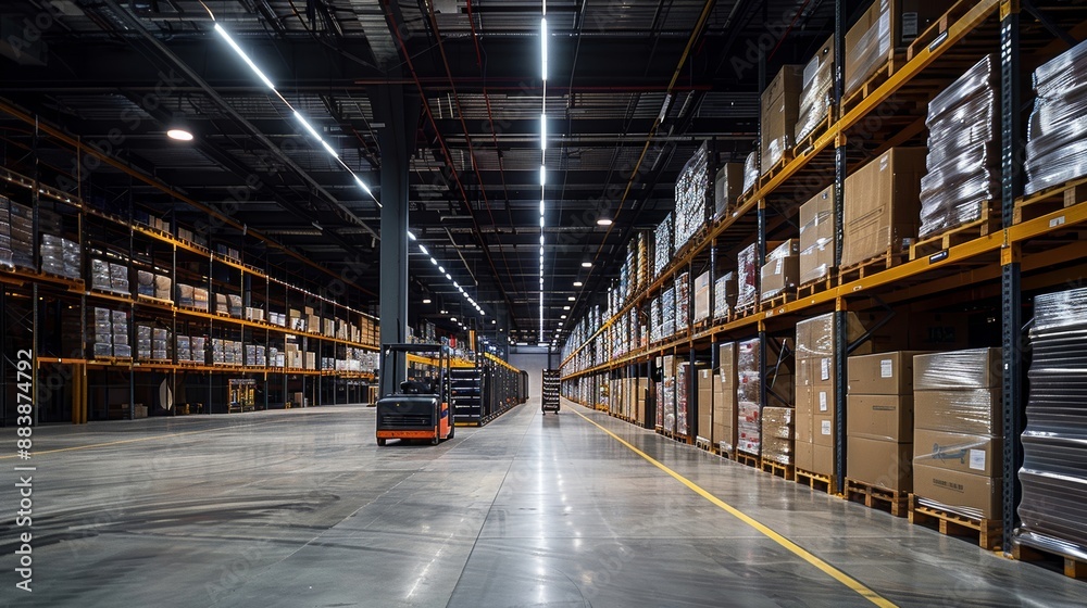 Warehouse interior with LED lighting industry building distribution retail center part of storage and shipping system. Warehouse interior with LED lighting industry building distribution retail center part of storage and shipping system.