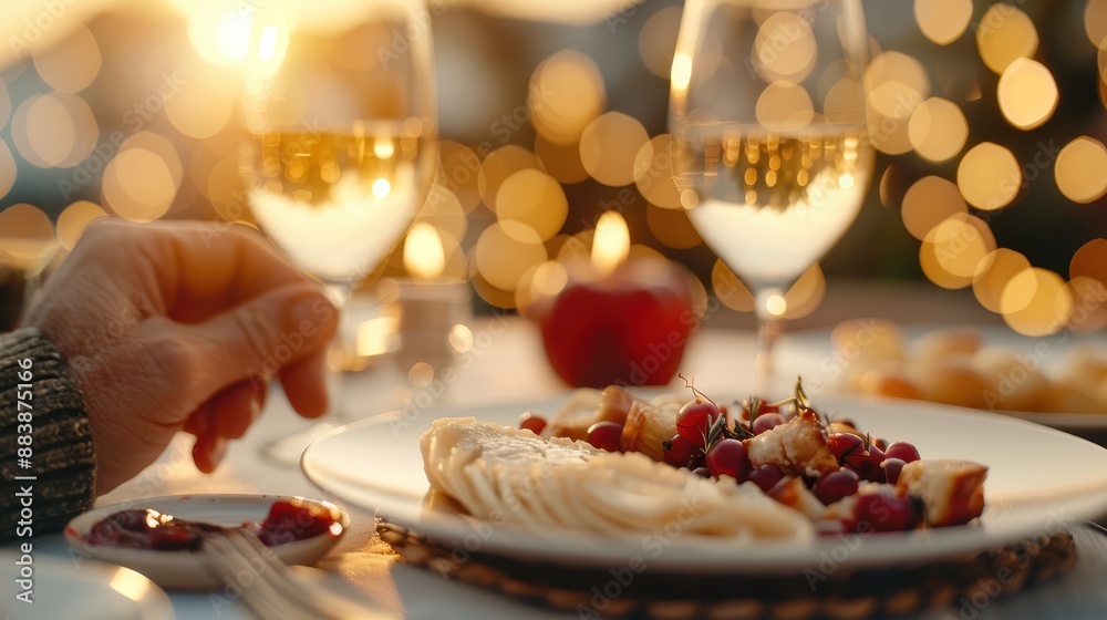 A beautifully set dinner table with an array of gourmet dishes and wine glasses, illuminated by twinkling lights, creating an elegant and cozy outdoor dining atmosphere at sunset.