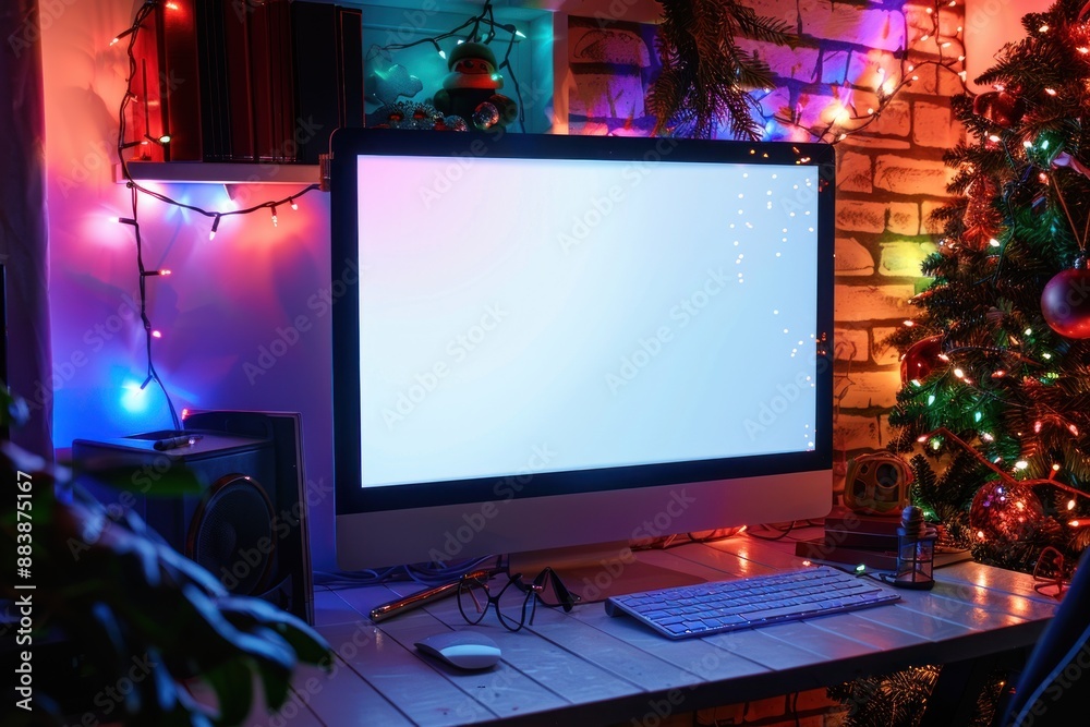 A computer mockup white screen glowing , room with Christmas decor with colored glowing garlands at night A computer mockup white screen glowing , room with Christmas decor with colored glowing garlands at night