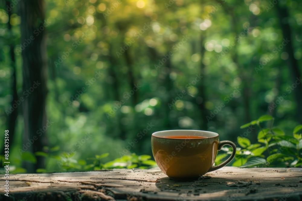 a cup of warm tea against a green forest background a cup of warm tea against a green forest background