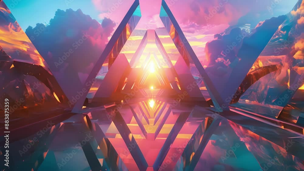 A kaleidoscope of triangular shapes and vibrant hues create a surreal sunrise scene.