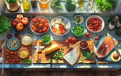 Wallpaper Mural Fresh ingredients for a cooking session, including vegetables, fruits, and spices, arranged on a kitchen counter with natural light. Torontodigital.ca