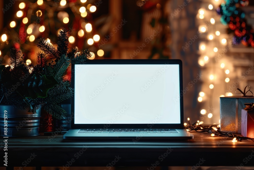 A laptop mockup white screen glowing , decor, and a dim light from a lamp on a table in a dark office room at night A laptop mockup white screen glowing , decor, and a dim light from a lamp on a table in a dark office room at night