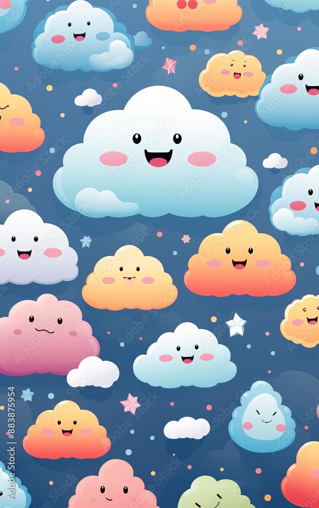 Cute cartoon clouds with happy faces on a blue background. Cute cartoon clouds with happy faces on a blue background.