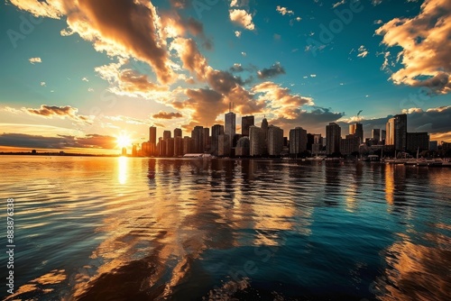An iconic skyline at sunset, showcasing the city's impressive architecture against a vibrant evening sky, Big city skyline reflected in water during sunset, AI generated