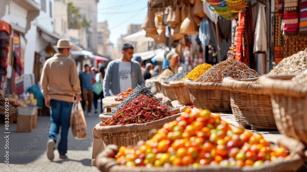 Obraz premium A bustling market street with a variety of colorful spices and goods displayed in wicker baskets, capturing the essence of a lively marketplace atmosphere.