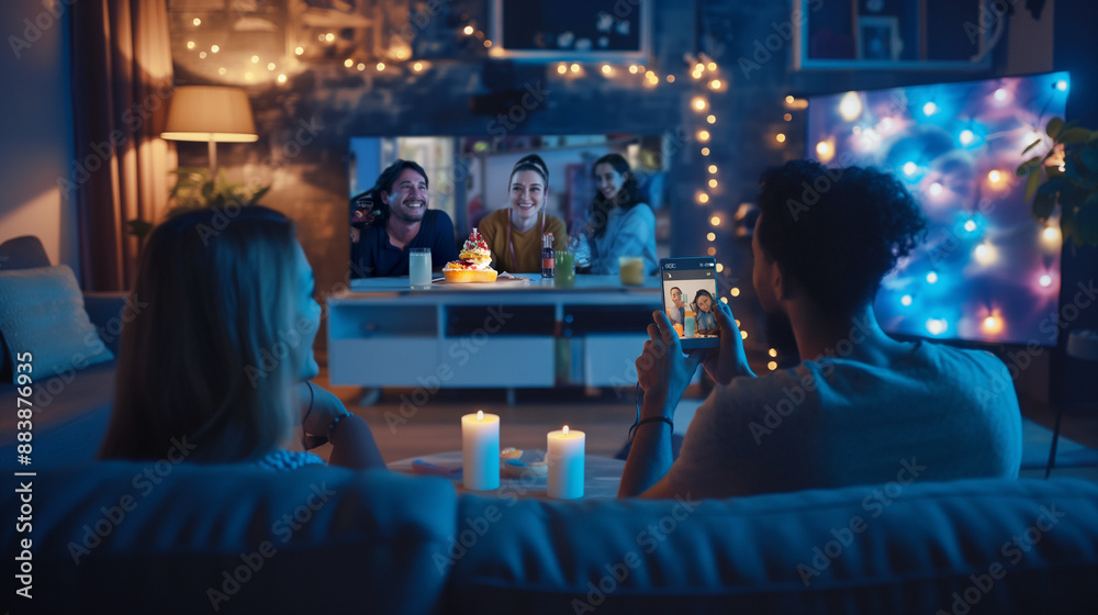 people Birthday Party A scene of a virtual birthday party with friends and family on a video call, all celebrating together from different locations people Birthday Party A scene of a virtual birthday party with friends and family on a video call, all celebrating together from different locations