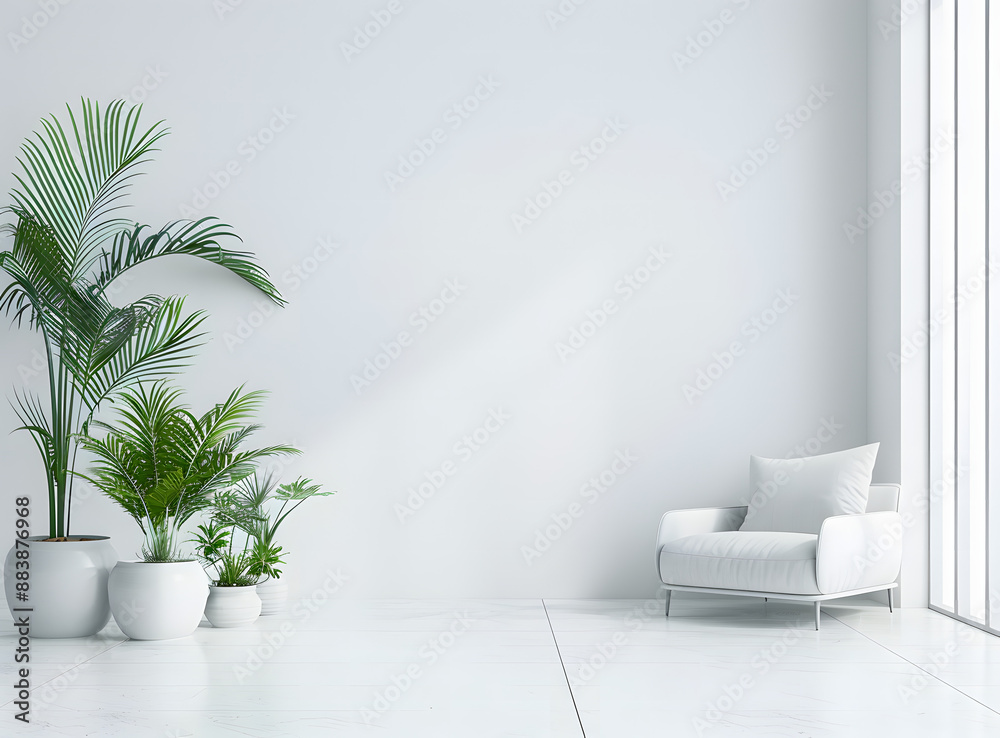 White wall background, modern interior design of living room with sofa and flower pots White wall background, modern interior design of living room with sofa and flower pots