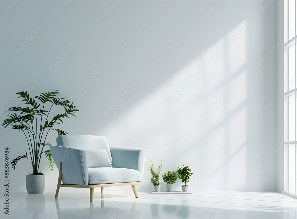 White wall background, modern interior design of living room with sofa and flower pots White wall background, modern interior design of living room with sofa and flower pots