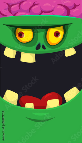 Cartoon funny green zombie character design with scary face expression. Halloween vector illustration isolated on white. Party poster, package design 