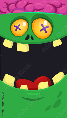 Cartoon funny green zombie character design with scary face expression. Halloween vector illustration isolated on white. Party poster, package design 