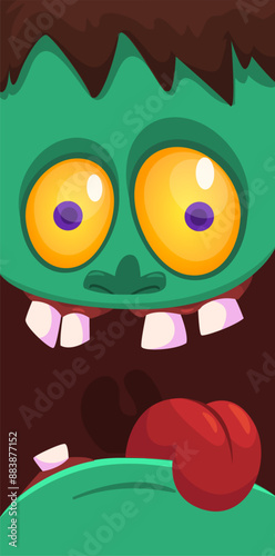 Cartoon funny green zombie character design with scary face expression. Halloween vector illustration isolated on white. Party poster, package design 