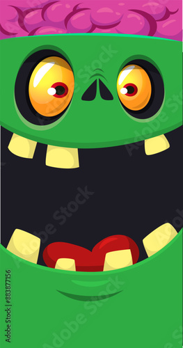 Cartoon funny green zombie character design with scary face expression. Halloween vector illustration isolated on white. Party poster, package design 