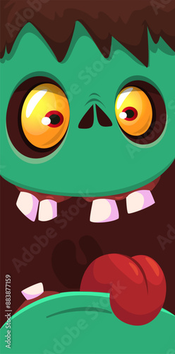 Cartoon funny green zombie character design with scary face expression. Halloween vector illustration isolated on white. Party poster, package design 