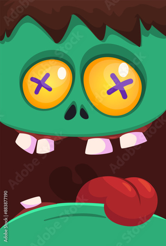 Cartoon funny green zombie character design with scary face expression. Halloween vector illustration isolated on white. Party poster, package design 