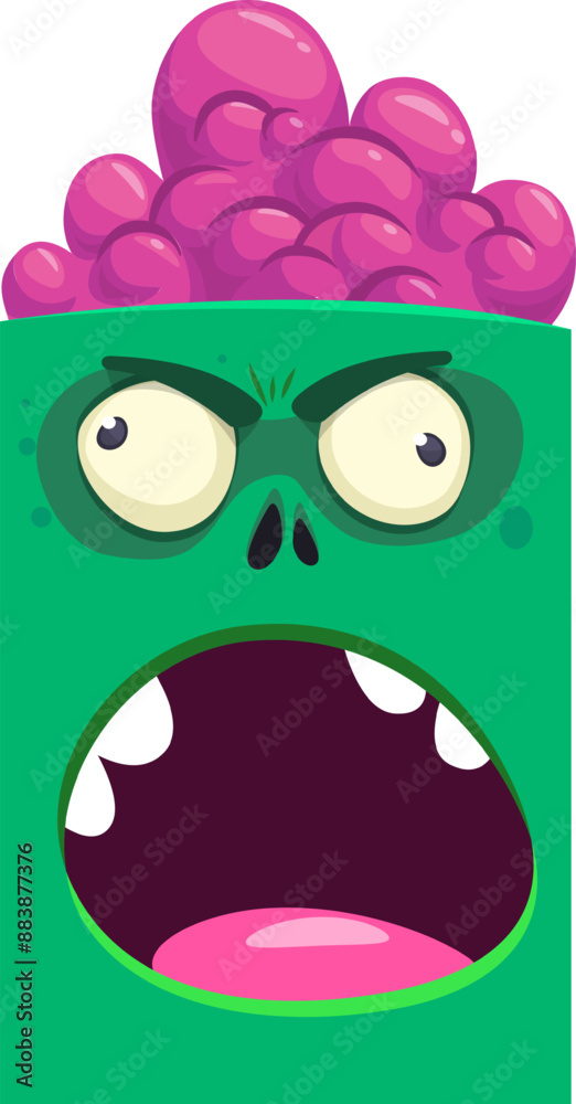 Fototapeta premium Cartoon funny green zombie character design with scary face expression. Halloween vector illustration isolated on white. Party poster, package design 