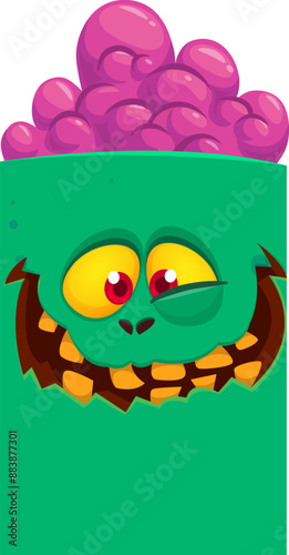 Cartoon funny green zombie character design with scary face expression. Halloween vector illustration isolated on white. Party poster, package design 