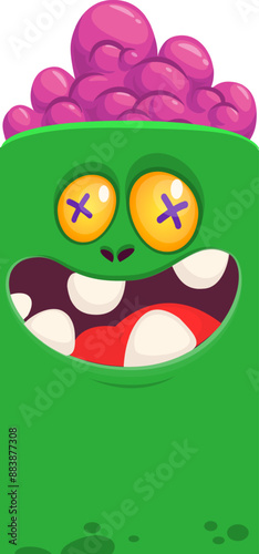 Cartoon funny green zombie character design with scary face expression. Halloween vector illustration isolated on white. Party poster, package design 