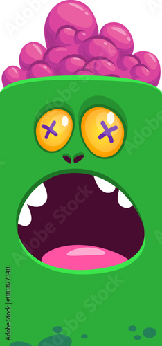 Cartoon funny green zombie character design with scary face expression. Halloween vector illustration isolated on white. Party poster, package design 